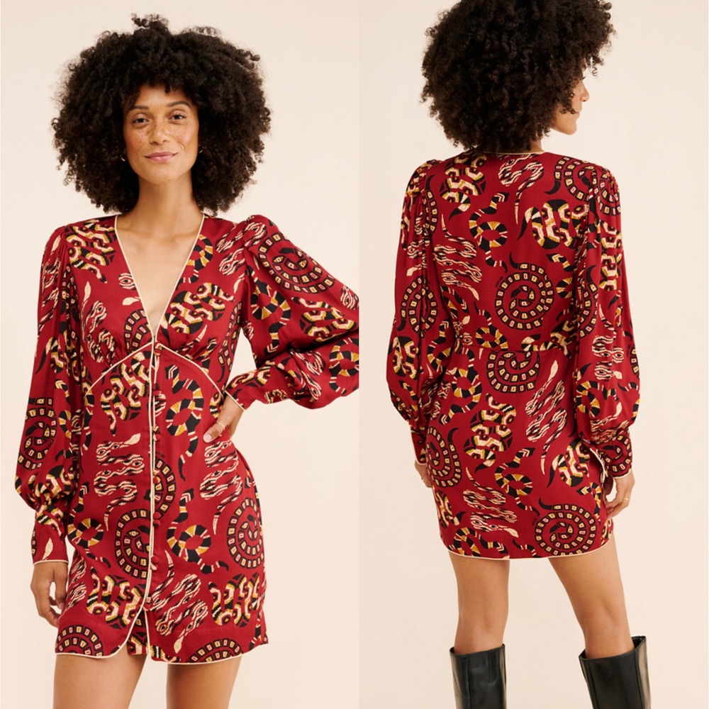 NWT Farm Rio x Anthropologie Long-Sleeve V-Neck Mini Dress Wine XL (Minor Flaw)